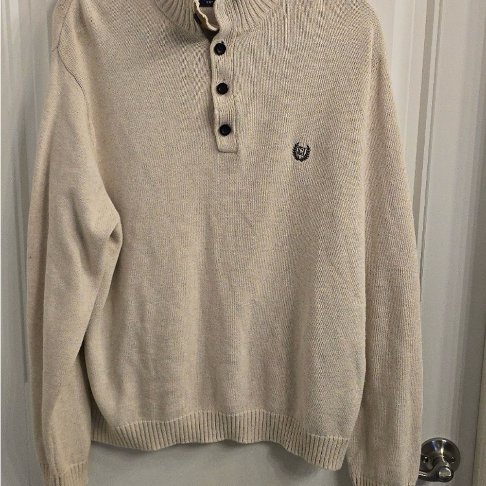 Chaps Cream Crewneck Sweater with Button Detail and Faux Leather Elbow Patches